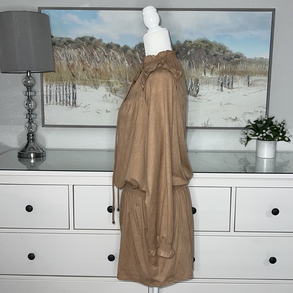 NWT Vertigo Ruffled Smocked Tunic Long Sleeve in Camel / Lightweight Faux Suede - Picture 9 of 14